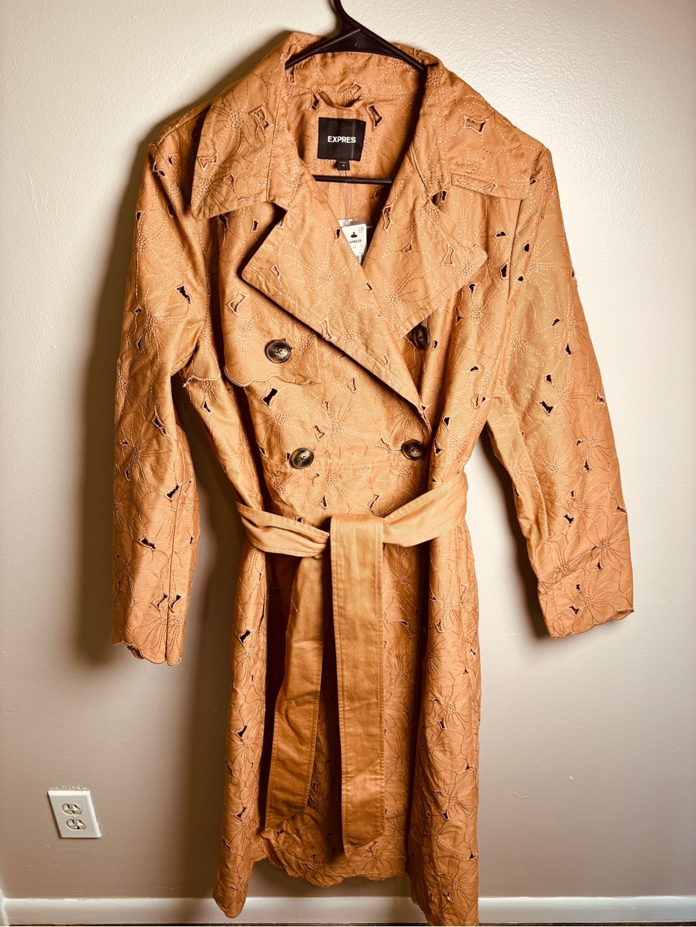 NWT Express Floral Eyelet Trench Coat Medium Camel Belted Double Breasted